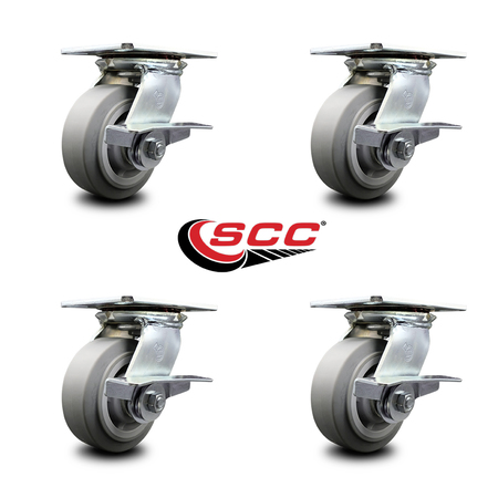 Service Caster 5 Inch Heavy Duty Thermoplastic Caster Set with Roller Bearings and Brakes SCC SCC-35S520-TPRRF-SLB-4